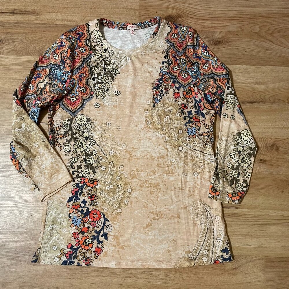rhinestones paisley floral print blouse